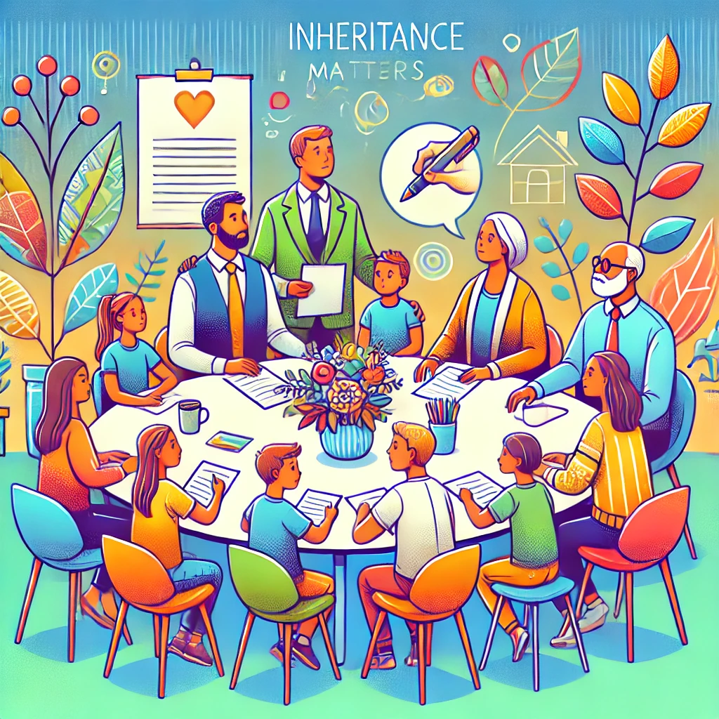 Una famiglia allargata riunita intorno a un tavolo, con documenti colorati e un mediatore che facilita la discussione in un ambiente sereno e collaborativo.