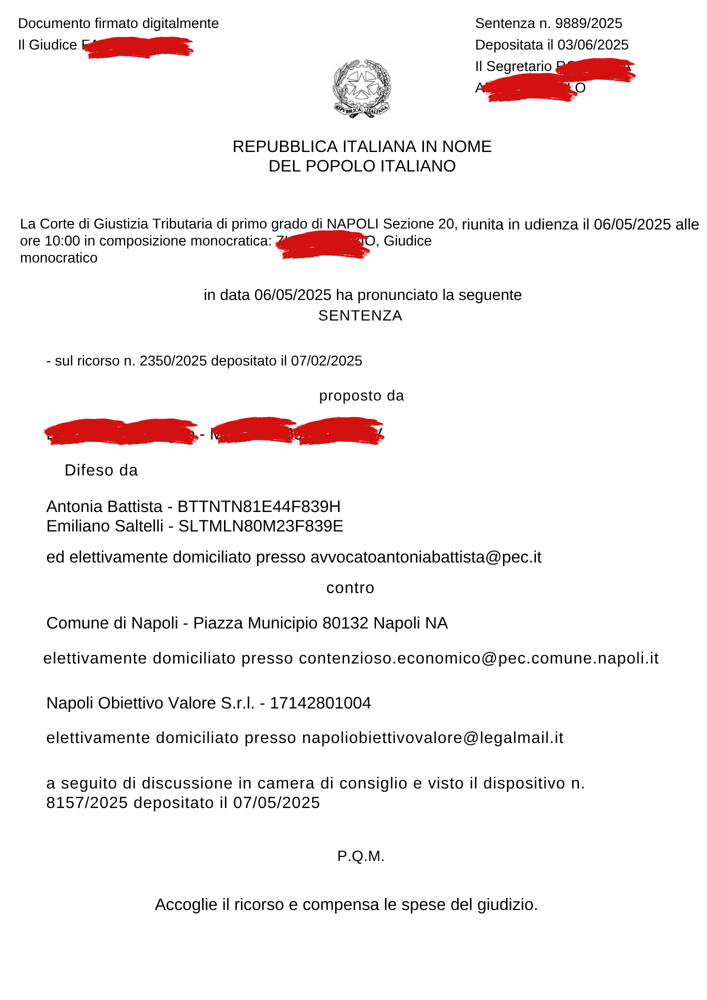 sentenza accoglimento. vittoria studio legale saltelli tari. napoli obiettivo valore